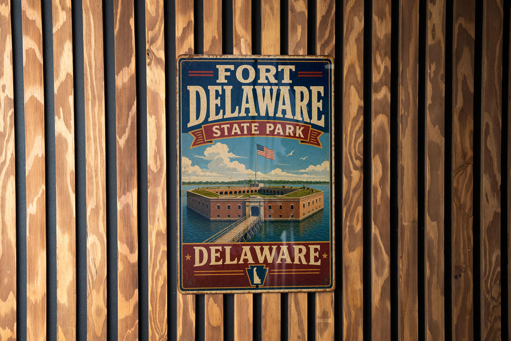 A vintage-style metal sign for Fort Delaware State Park, featuring an illustration of the fort and its surrounding landscape.