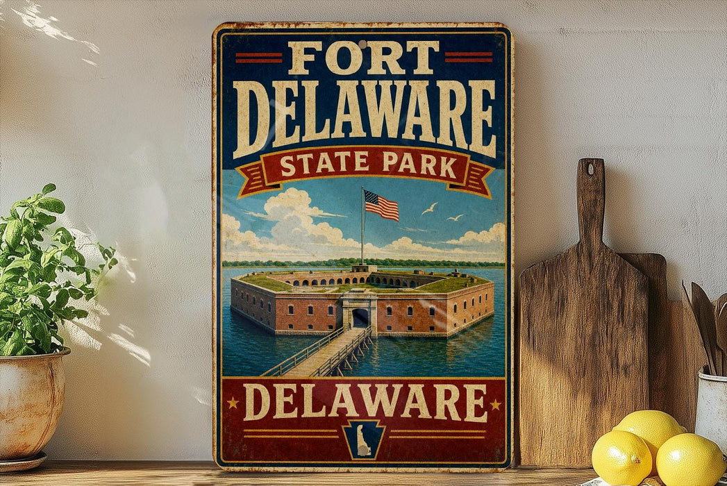 A vintage-style sign for Fort Delaware State Park, featuring an illustration of the fort and a flag, is displayed on a shelf next to a wooden cutting board and some lemons.
