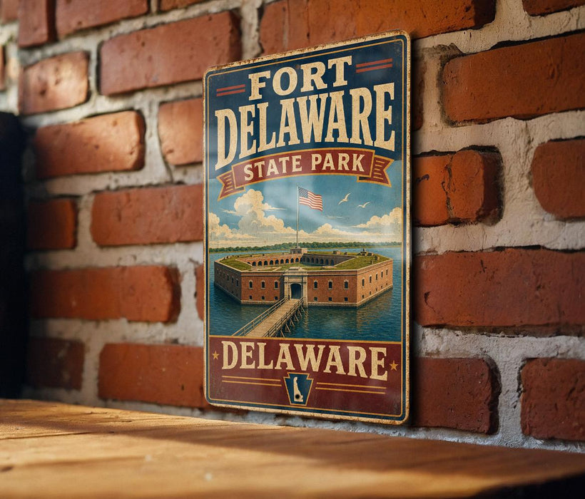 A vintage metal sign for Fort Delaware State Park is displayed on a brick wall.