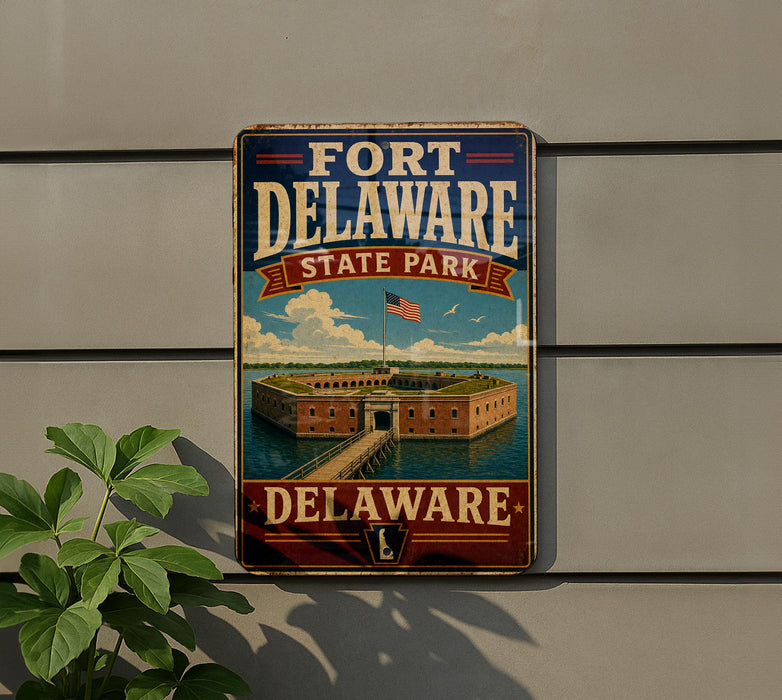 A vintage-style sign for Fort Delaware State Park, featuring an illustration of the fort and a flag, mounted on a wall.
