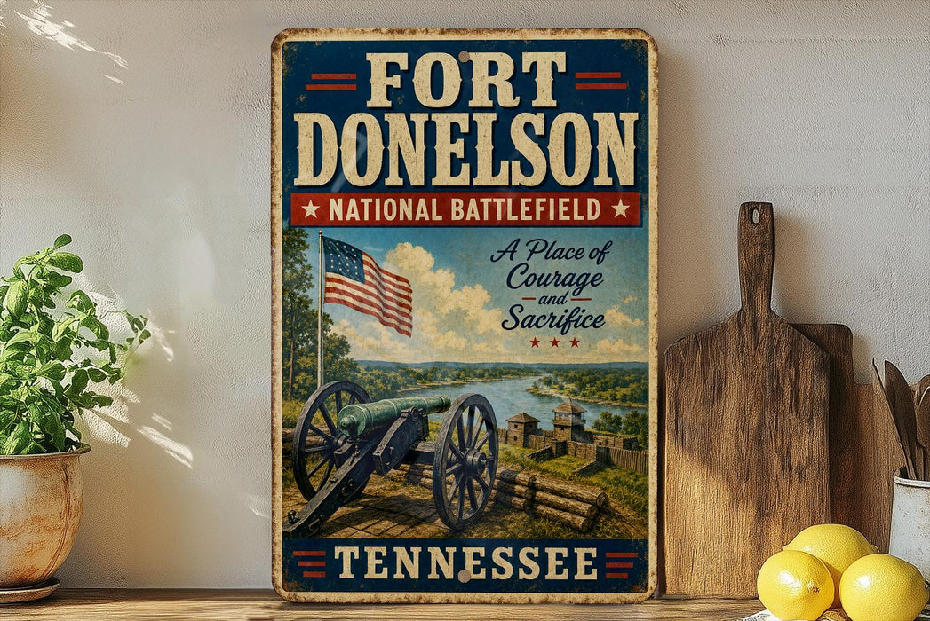 A vintage-style sign for Fort Donelson National Battlefield in Tennessee, featuring an American flag and a cannon, is displayed on a shelf next to a wooden cutting board and some lemons.