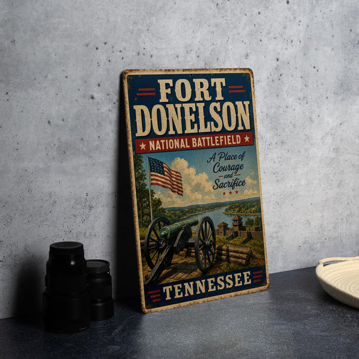 A vintage-style metal sign for Fort Donelson National Battlefield in Tennessee, featuring an American flag and a cannon, is displayed on a gray countertop.