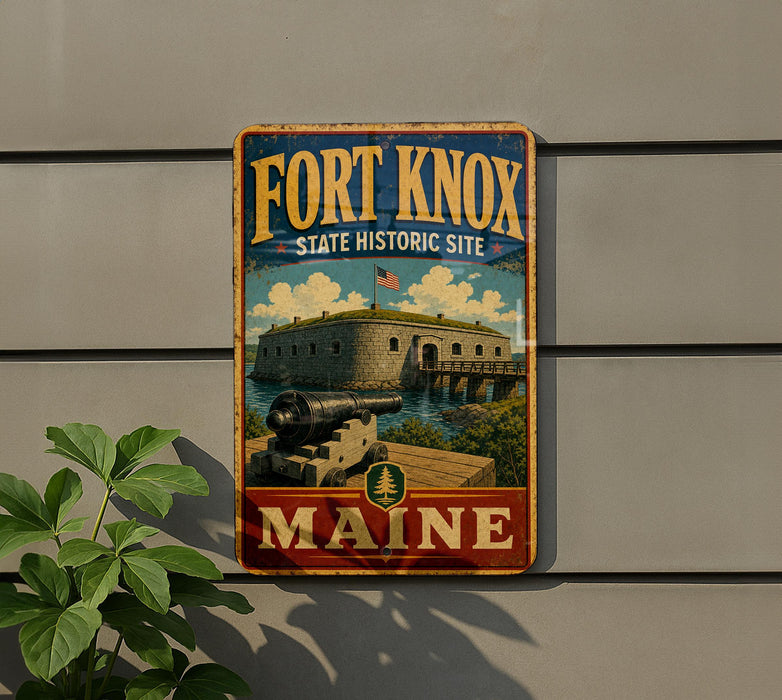 A vintage-style metal sign for Fort Knox, Maine, featuring a cannon and a building, is displayed on a gray wall.