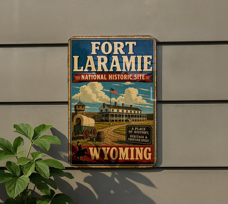 A vintage-style sign for the Fort Laramie National Historic Site in Wyoming, featuring a historical illustration of a wagon train and a prominent American flag.