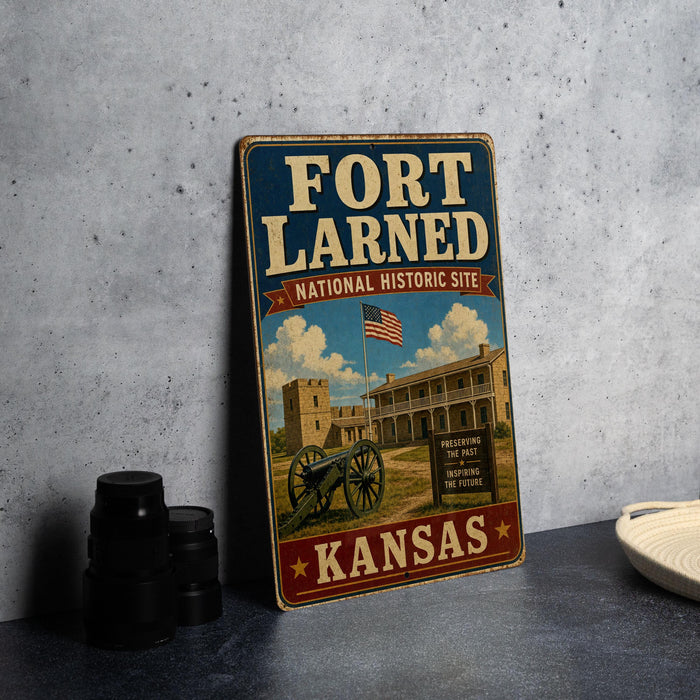 A vintage-style metal sign for the Fort Larned National Historic Site in Kansas, featuring an American flag and a building with a cannon.