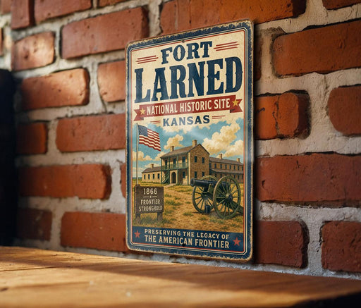 A vintage-style metal sign for the Fort Larned National Historic Site in Kansas, featuring an illustration of a historic building and a cannon.