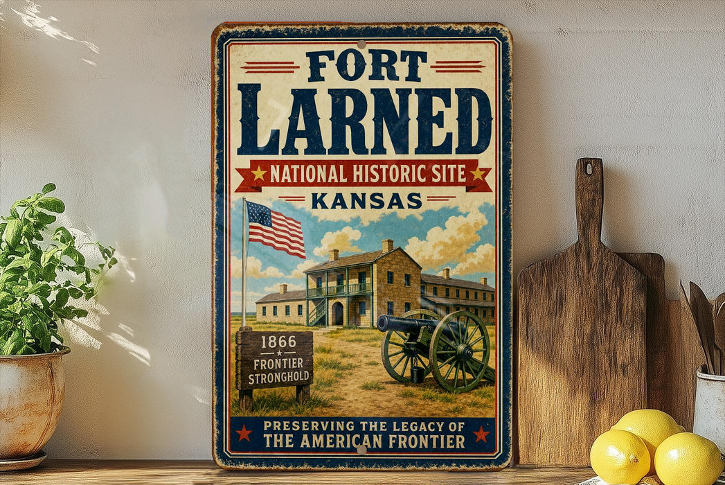 A vintage-style sign for the Fort Larned National Historic Site in Kansas, featuring an illustration of a cannon and a building with an American flag.