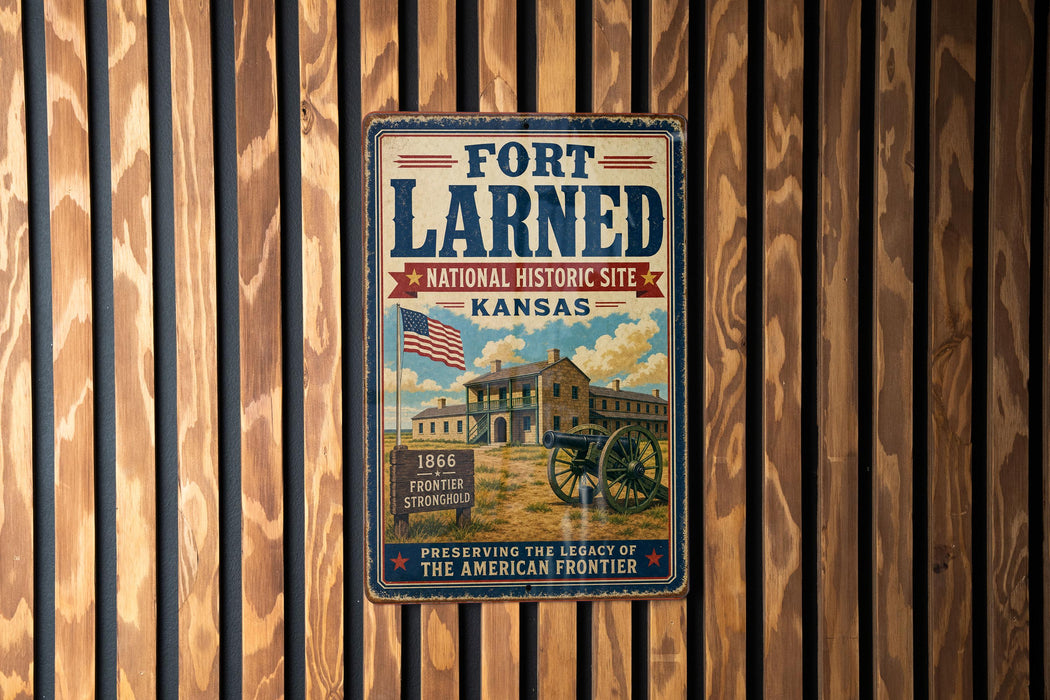 a vintage-style metal sign for the Fort Larned National Historic Site in Kansas, with an American flag and a cannon in the background.