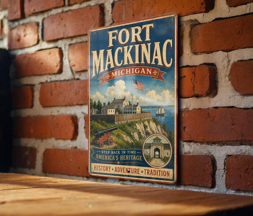 A vintage-style metal sign for Fort Mackinac, Michigan, featuring an illustration of the fort and surrounding landscape, mounted on a brick wall.
