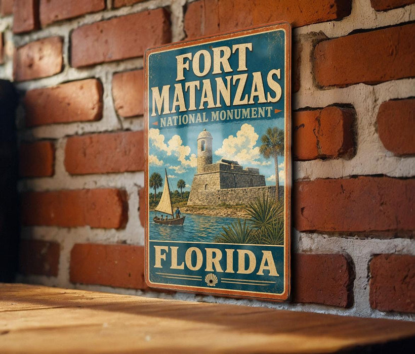 A vintage-style sign for Fort Matanzas National Monument in Florida, featuring a castle, palm trees, and a sailboat, mounted on a brick wall.
