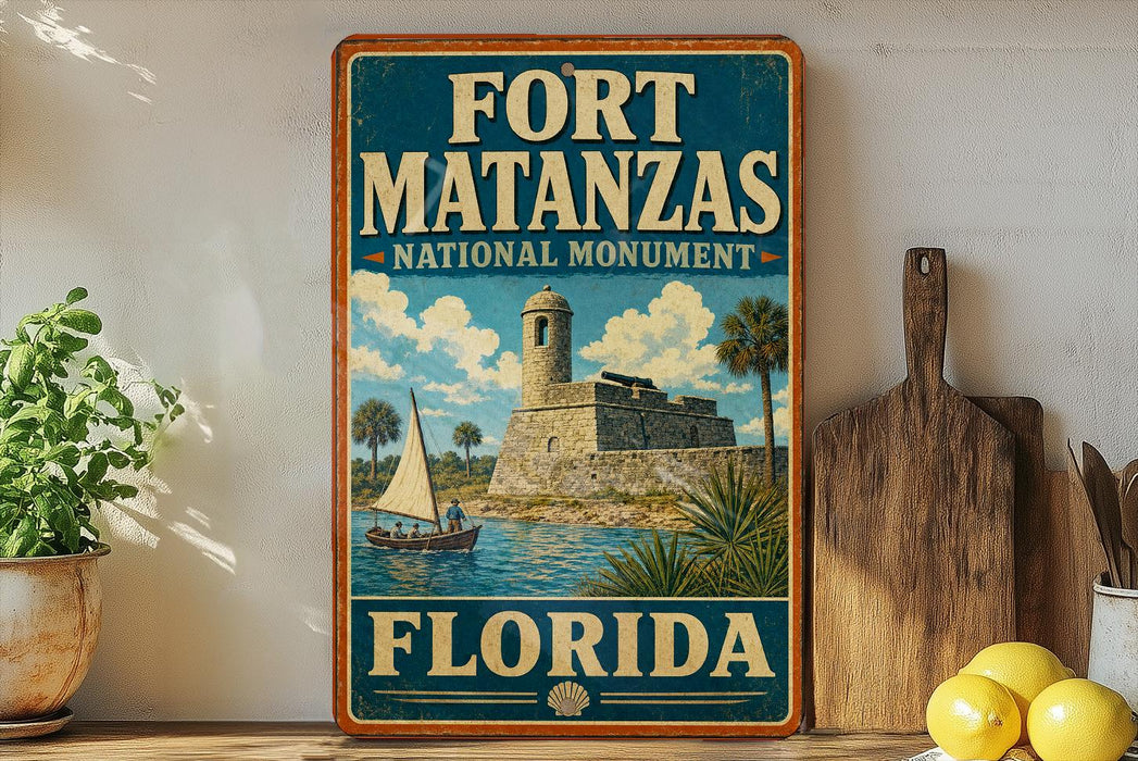 A vintage-style sign for Fort Matanzas National Monument in Florida, featuring a castle, palm trees, and a sailboat.
