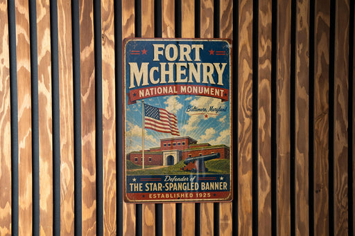 A vintage metal sign for Fort Mchenry, a National Monument in Baltimore, Maryland, featuring an American flag and a building.