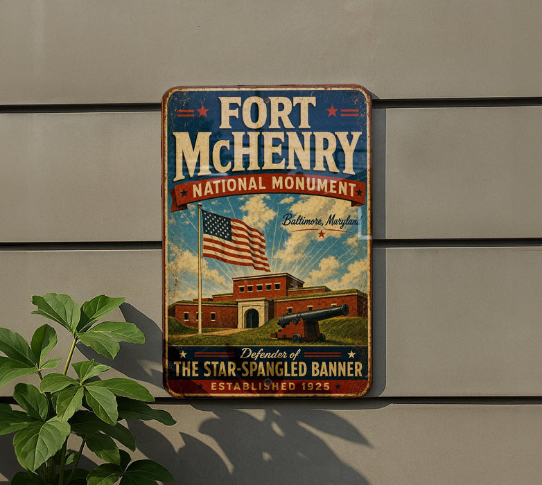 A vintage metal sign for Fort Mchenry National Monument in Baltimore, Maryland, featuring an American flag and a building with a cannon.