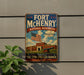 A vintage metal sign for Fort Mchenry National Monument in Baltimore, Maryland, featuring an American flag and a building with a cannon.