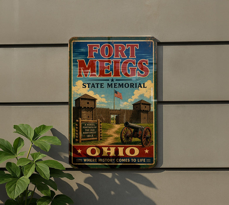 a vintage-style metal sign for the Fort Meigs State Memorial, which is located in Ohio.