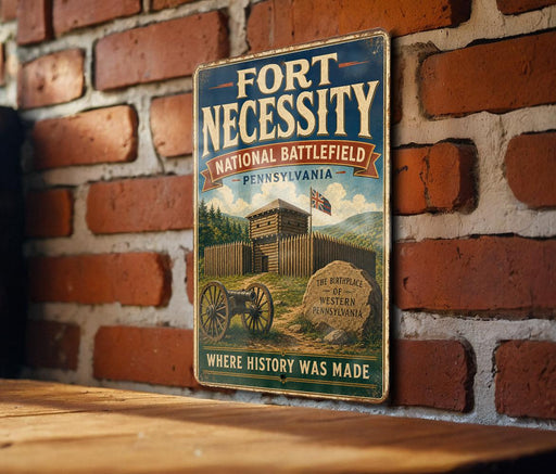 a vintage-style metal sign with the text "Fort Necessity National Battlefield Pennsylvania" and "The Birthplace of the United States of Pennsylvania" on a brick wall.