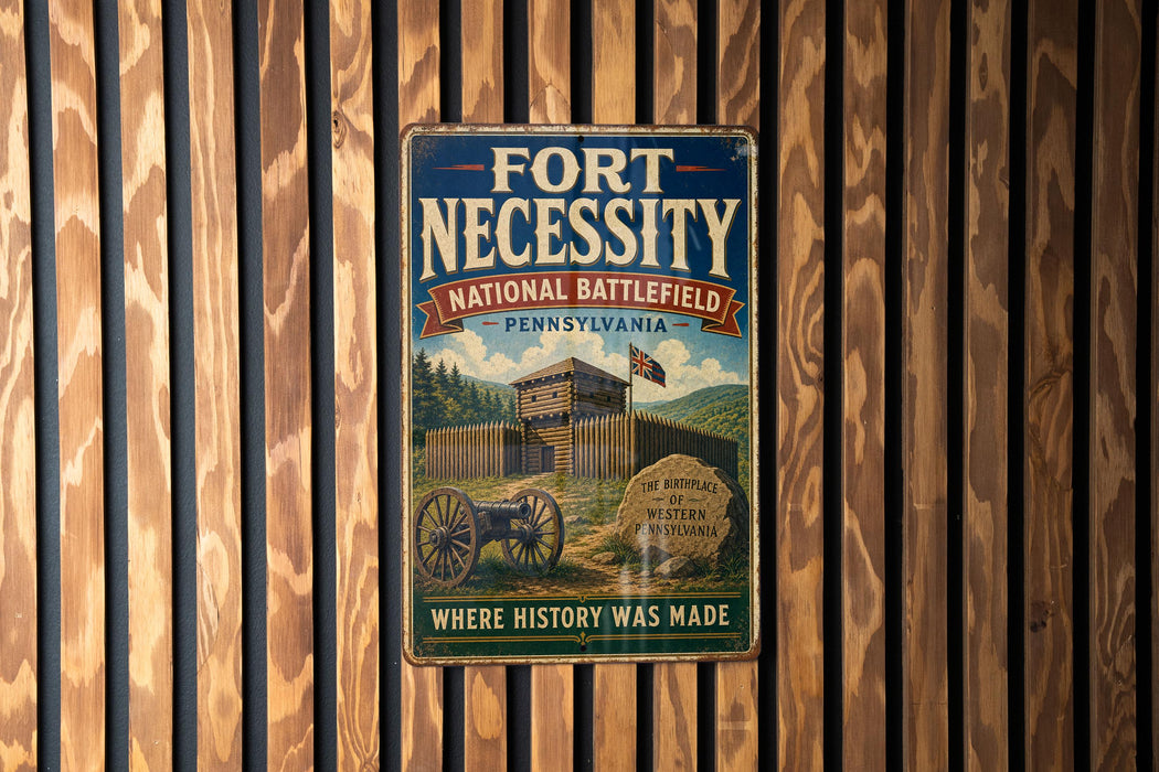 a vintage metal sign with the text "FORT NECESSITY" and "NATIONAL BATTLEFIELD - PENNSYLVANIA" displayed prominently. The sign also includes the phrase "WHERE HISTORY WAS MADE" and features an illustration of a cannon and a wooden fort.