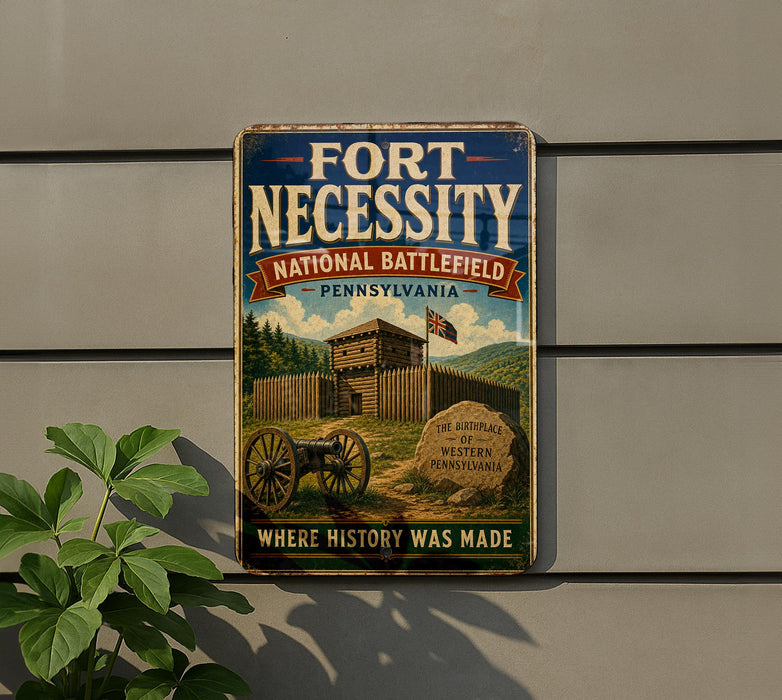 a vintage-style sign for the Fort Necessity National Battlefield in Pennsylvania, Pennsylvania, with a wooden cannon and a stone monument in the foreground.