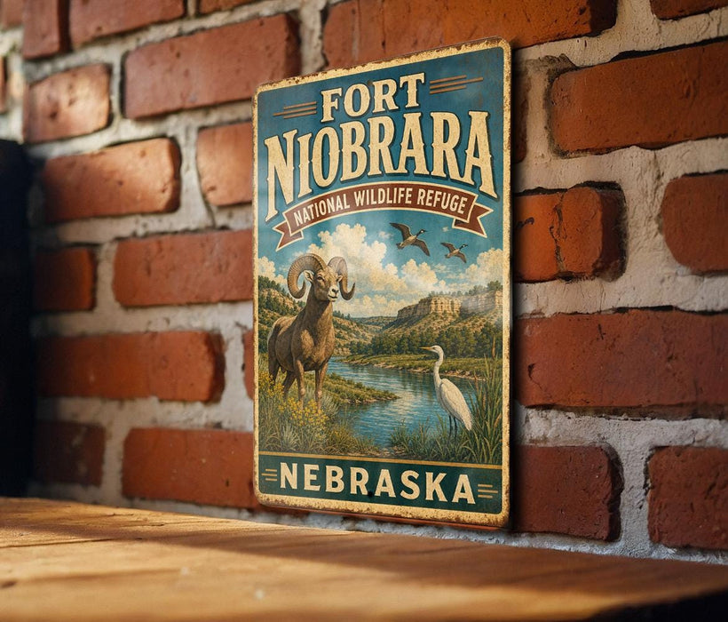 A vintage-style sign for the Fort Niobrara National Wildlife Refuge in Nebraska, featuring an illustration of a ram and a white bird in a grassy field with a river.