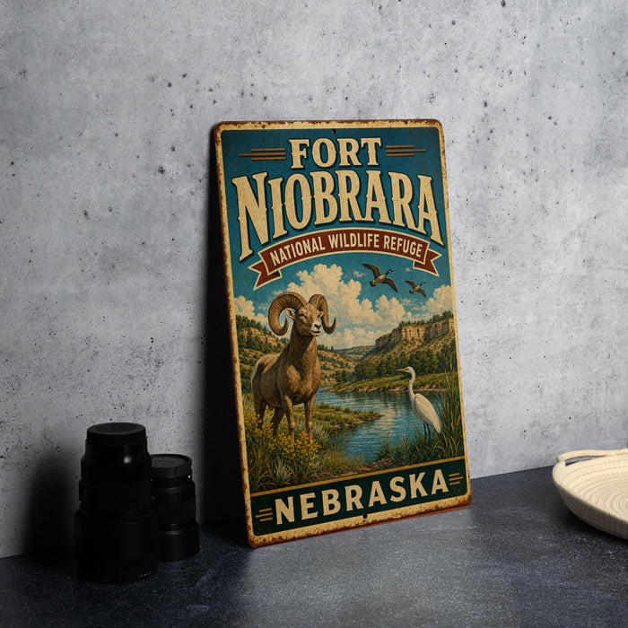 A vintage-style metal sign for Fort Niobrara National Wildlife Refuge in Nebraska, featuring an illustration of a ram and a bird in a natural landscape.