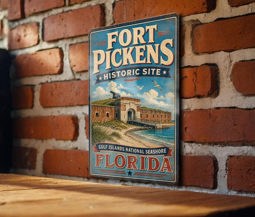 A vintage-style sign for the Fort Pickens Historic Site in Florida, featuring a brick wall and a seashore scene.
