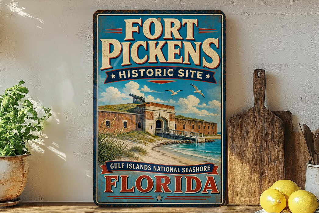 A vintage-style sign for the Fort Pickens Historic Site in Florida, featuring a picture of the fort and surrounding landscape.