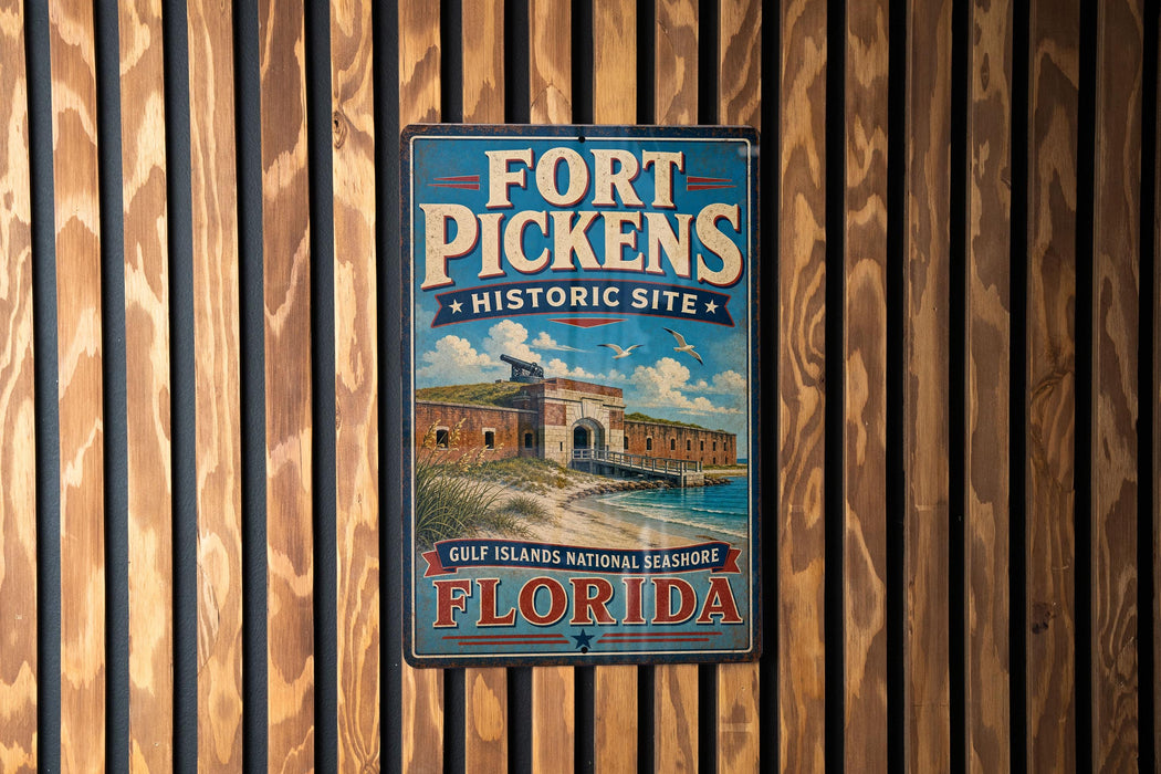 A vintage-style sign for Fort Pickens Historic Site in Florida, featuring an illustration of the fort and surrounding landscape.