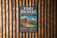 A vintage-style sign for Fort Pickens Historic Site in Florida, featuring an illustration of the fort and surrounding landscape.