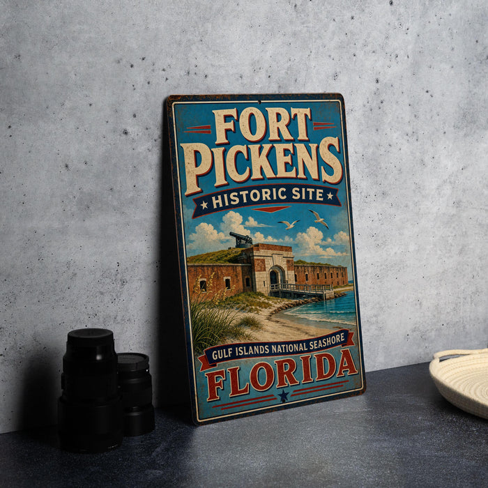 A vintage-style metal sign for the Fort Pickens Historic Site in Florida, featuring an illustration of the fort and surrounding landscape.