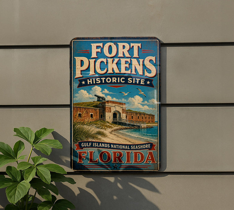 A vintage-style sign for Fort Pickens Historic Site in Florida, featuring a building and a beach scene.
