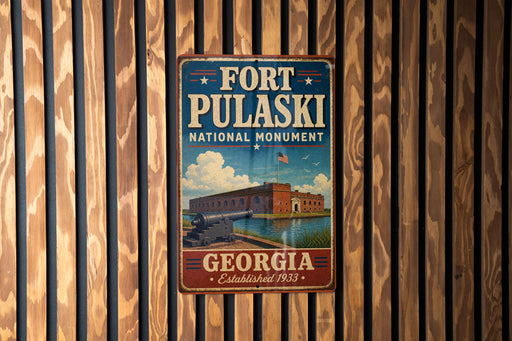 A vintage-style metal sign for Fort Pulaski National Monument in Georgia, featuring an illustration of the fort and its surrounding landscape.