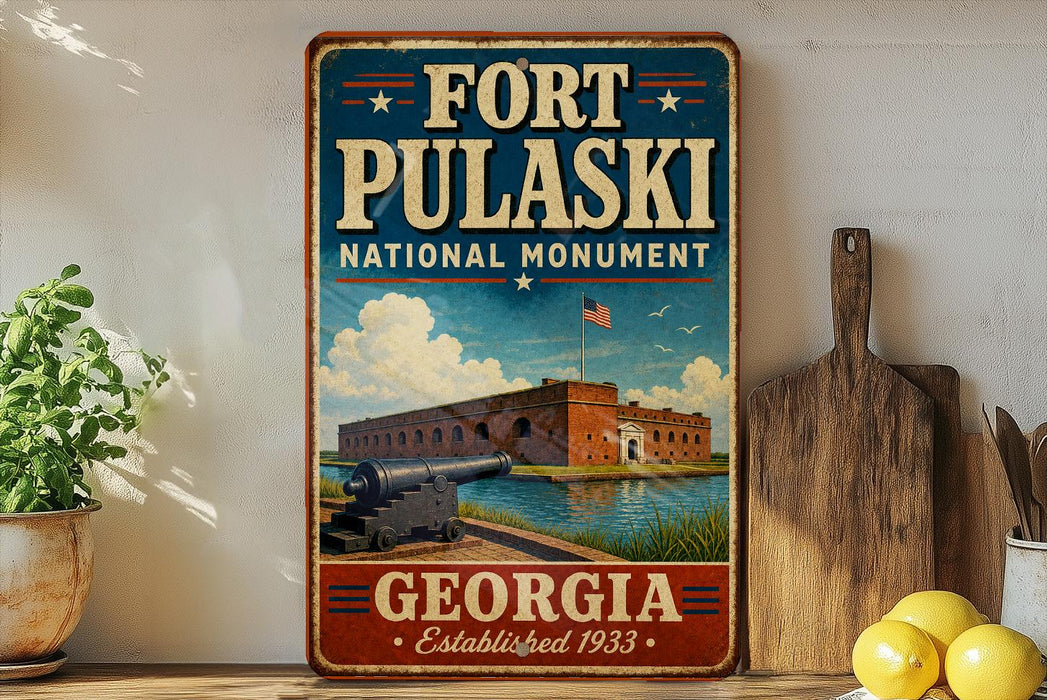A vintage-style metal sign for Fort Pulaski, the National Monument in Georgia, featuring an illustration of the fort and its surroundings.