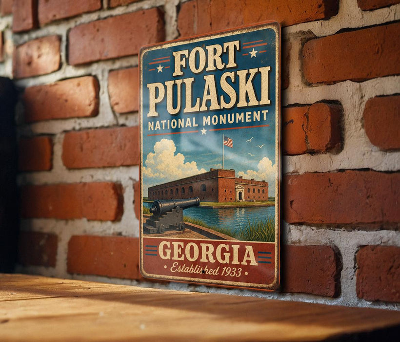 A vintage-style metal sign for Fort Pulaski, the National Monument in Georgia, featuring an illustration of the fort and its surroundings.