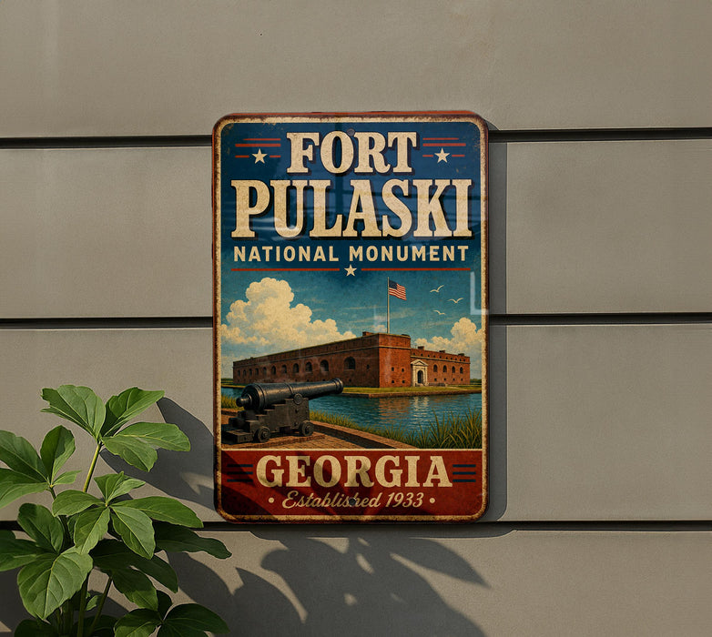 A vintage-style metal sign for Fort Pulaski, a National Monument in Georgia, featuring an illustration of the fort and its surrounding landscape.