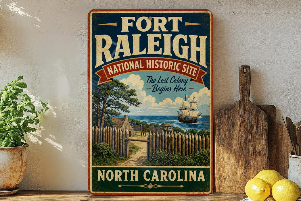 A vintage-style sign for the Fort Raleigh National Historic Site in North Carolina, featuring a ship sailing on the water and a wooden fence in the foreground.