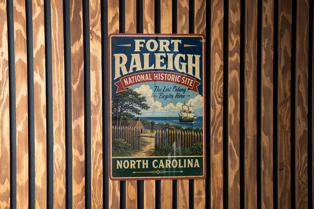 A vintage-style metal sign for the Fort Raleigh National Historic Site in North Carolina, featuring a ship and a wooden fence.