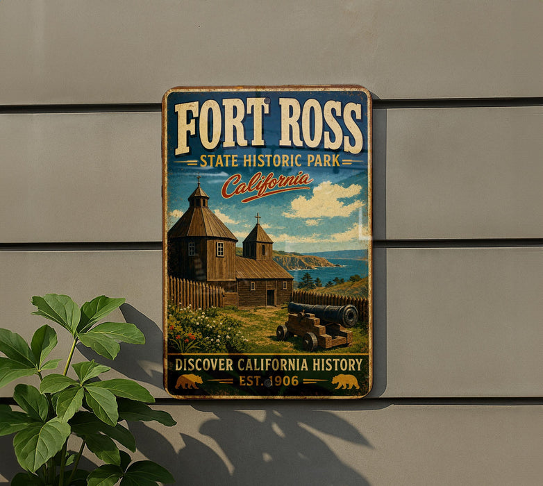 A vintage-style metal sign for Fort Ross, a historic park in California, featuring a wooden building and a cannon in the background.
