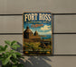 A vintage-style metal sign for Fort Ross, a historic park in California, featuring a wooden building and a cannon in the background.