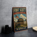 A vintage-style metal sign for the Fort Scott National Historic Site in Kansas, featuring an American flag and a building with a wooden fence.