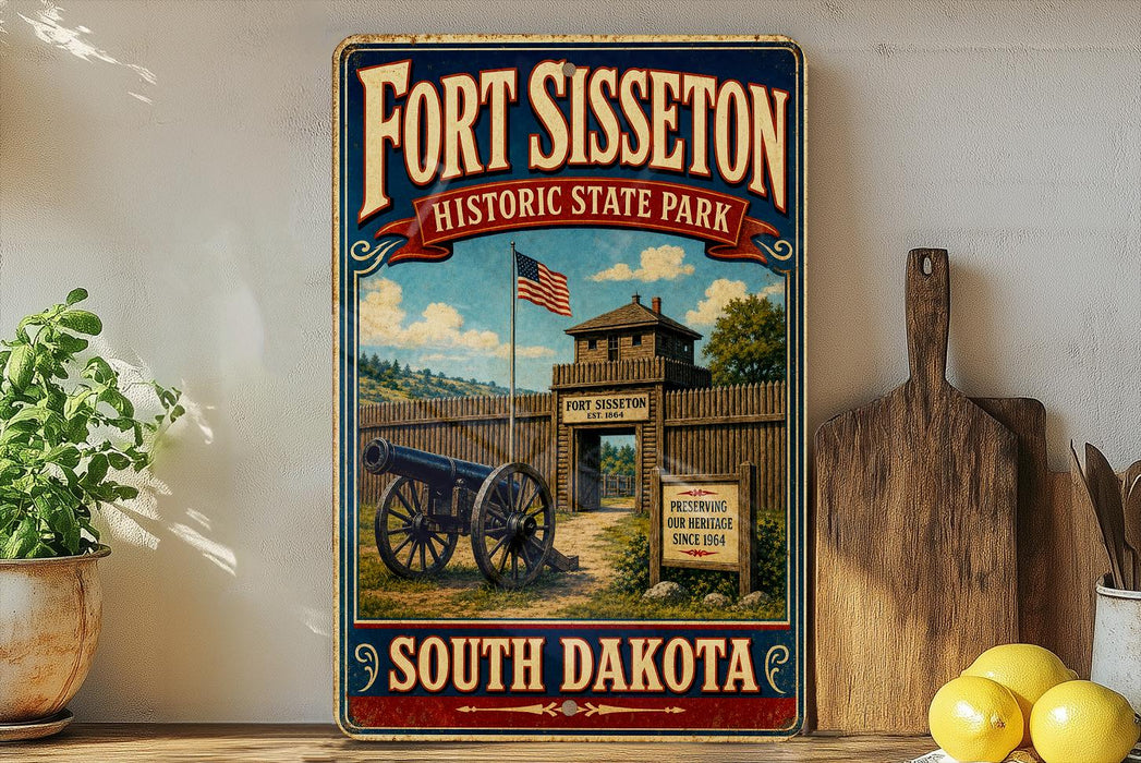 A vintage-style sign for Fortisset Historic State Park in South Dakota, featuring a cannon and a wooden fence, with a wooden paddle and a potted plant in the background.