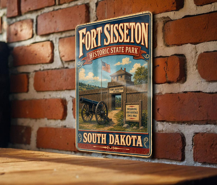 A vintage-style metal sign for Fort Siseton Historic State Park in South Dakota, featuring an illustration of a cannon and a wooden fence.