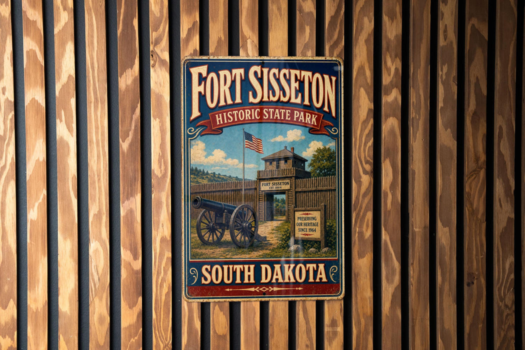 A vintage-style metal sign for FortISSETON Historic State Park in South Dakota, featuring an image of a cannon and a wooden fence.