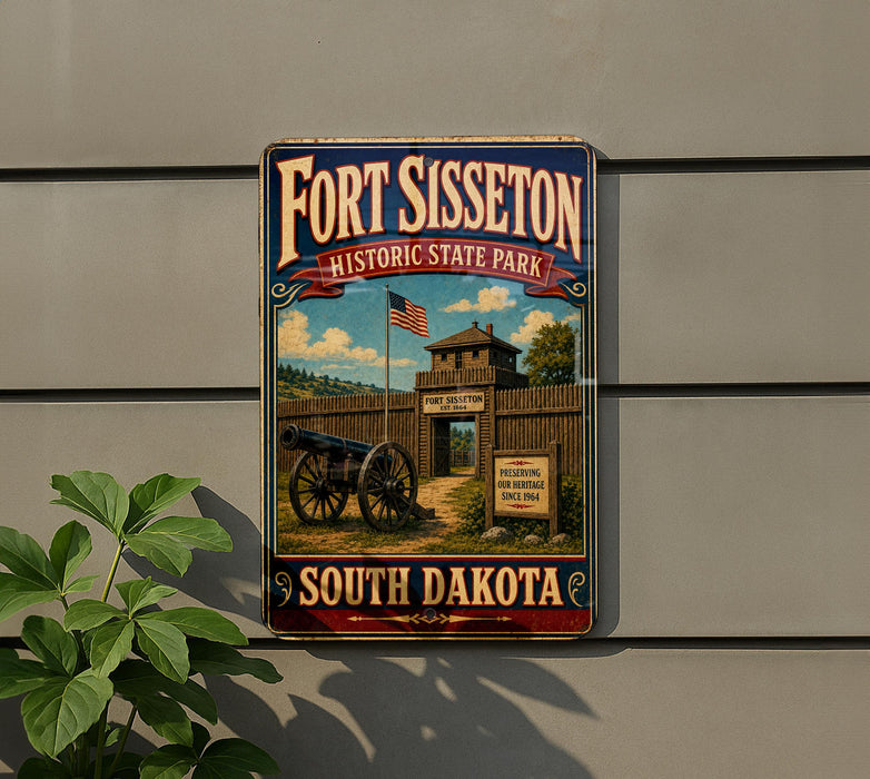 A vintage-style metal sign for FortISSETON Historic State Park in South Dakota, featuring an illustration of a cannon and a wooden fence.