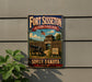 A vintage-style metal sign for FortISSETON Historic State Park in South Dakota, featuring an illustration of a cannon and a wooden fence.