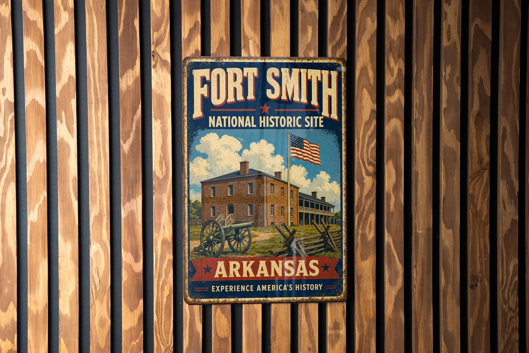 A vintage metal sign for the Fort Smith National Historic Site in Arkansas, featuring an illustration of a historic building and a wagon wheel.