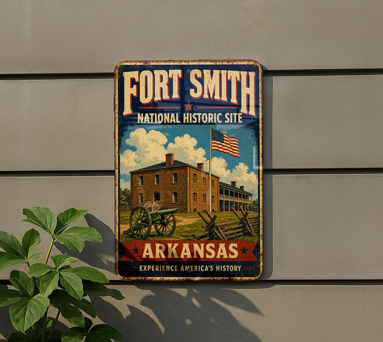 A vintage-style metal sign for the Fort Smith National Historic Site in Arkansas, featuring an illustration of a historic building and a cannon.