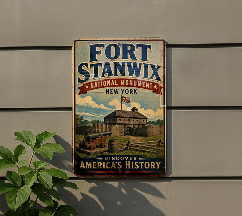 a vintage-style sign for Fort Stanwix, a National Monument in New York, with a picture of the fort and surrounding landscape.
