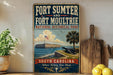 A vintage-style sign for Fort Sumter and Fort Moultrie National Historical Park, featuring an illustration of the fort and surrounding landscape.