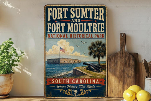 A vintage-style sign for Fort Sumter and Fort Moultrie National Historical Park, featuring an illustration of the fort and surrounding landscape.