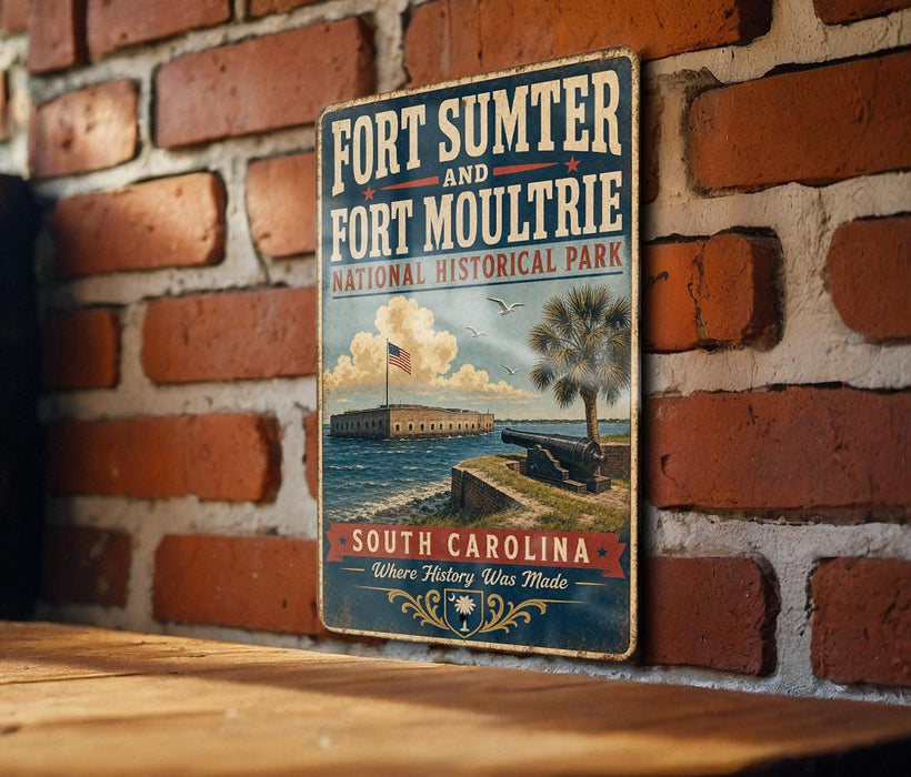 A vintage-style metal sign displaying the name of a historical park, Fort Sumter and Fort Moultrie, with a picture of the fort and palm trees.